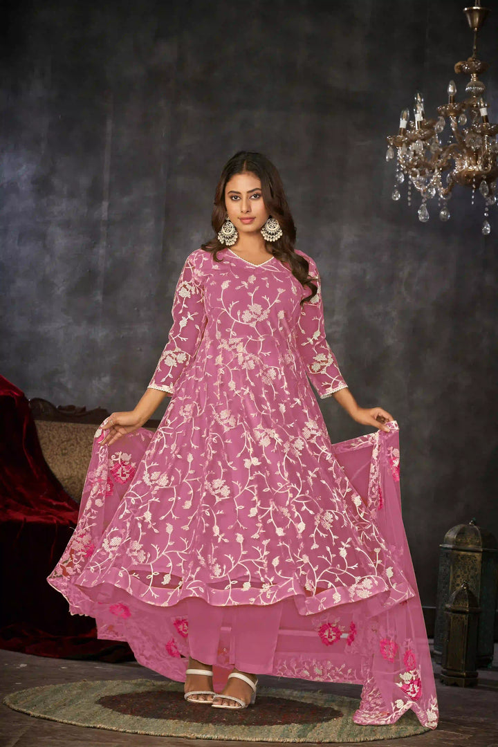 Exquisite Net Anarkali Dress | Designer Embroidery Paired with Santoon Bottom
