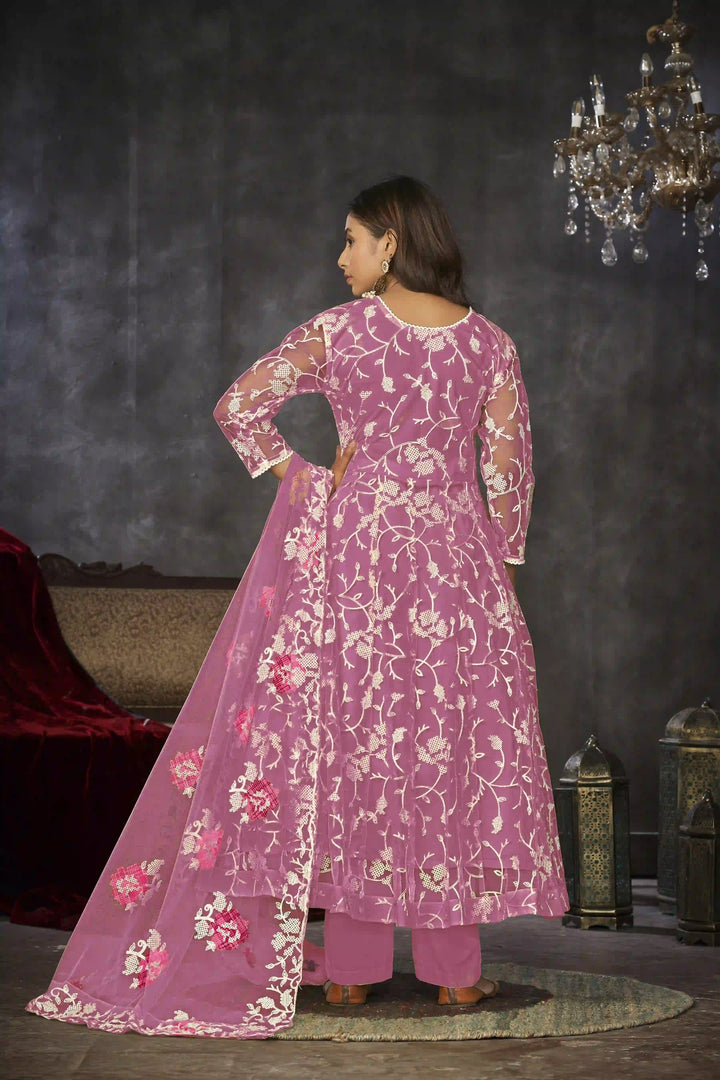 Exquisite Net Anarkali Dress | Designer Embroidery Paired with Santoon Bottom