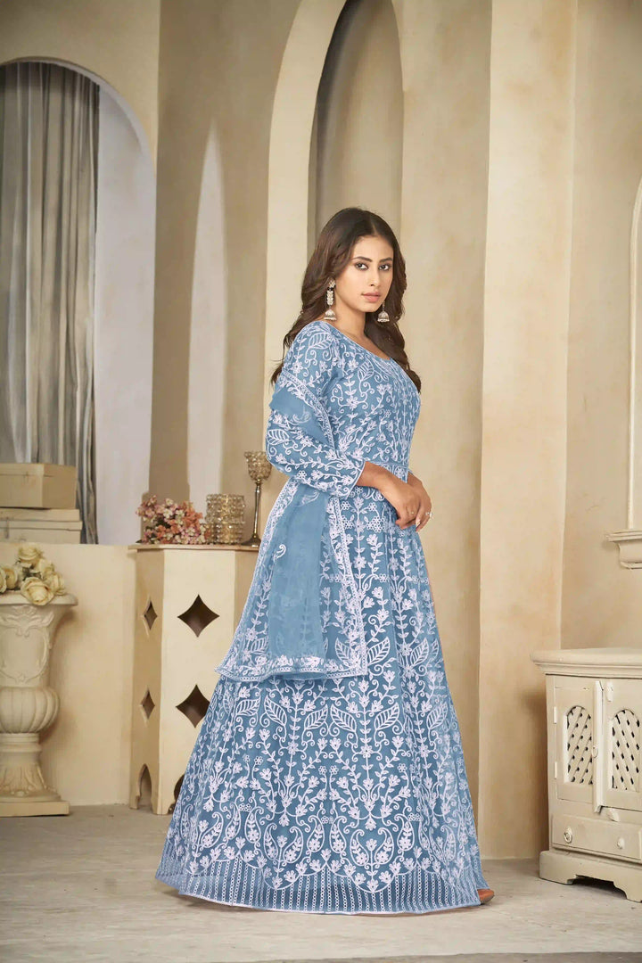 Embroidered Anarkali Set | Elegant Net Suit with Santoon Bottom