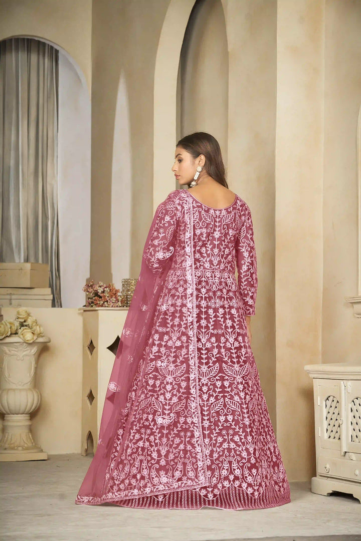 Embroidered Anarkali Set | Elegant Net Suit with Santoon Bottom