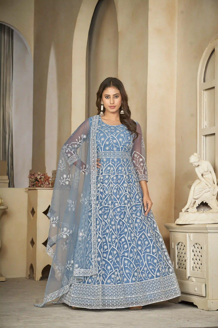 Elegant Net Anarkali Suit | Heavy Embroidery Paired with Santoon