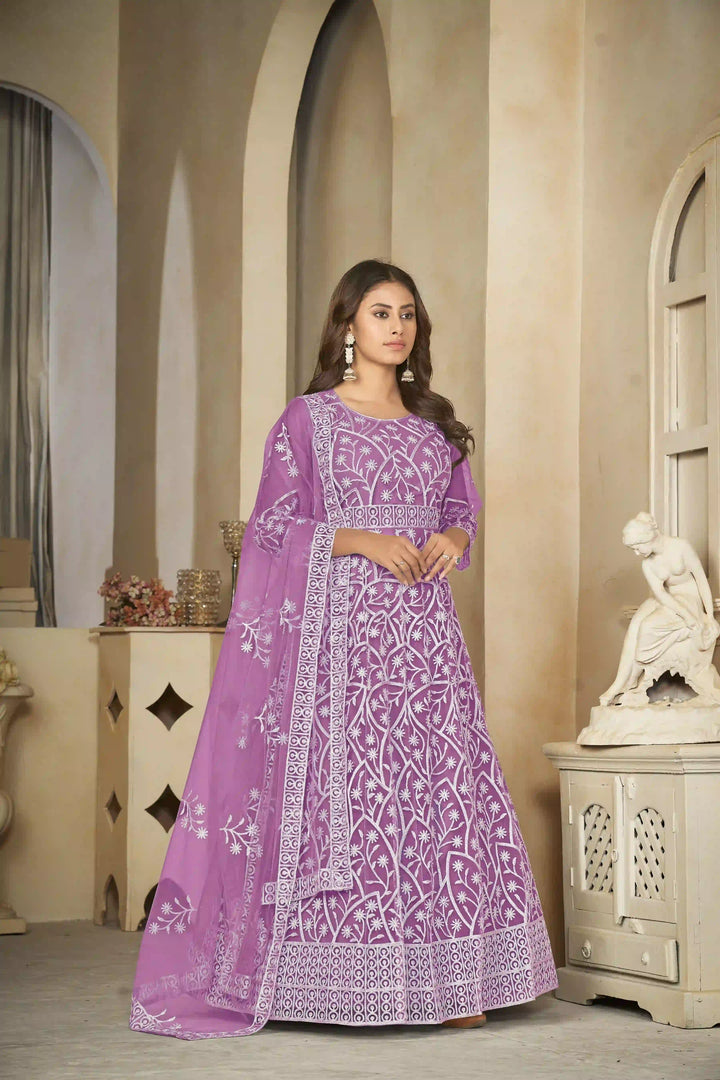 Elegant Net Anarkali Suit | Heavy Embroidery Paired with Santoon