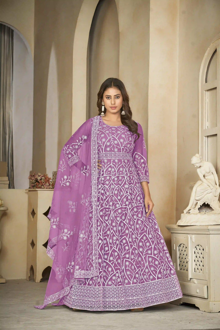 Elegant Net Anarkali Suit | Heavy Embroidery Paired with Santoon