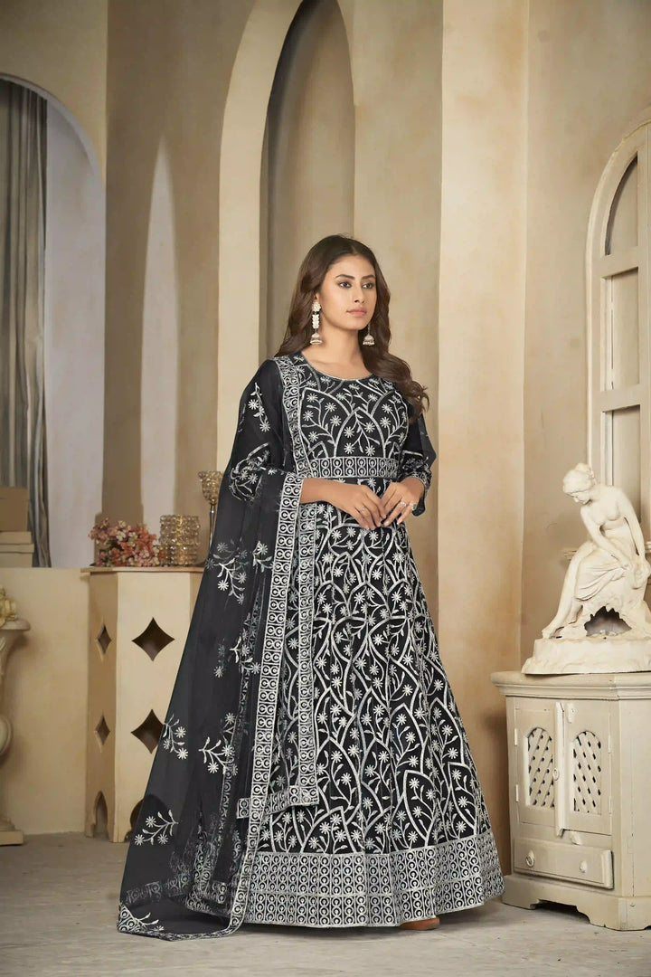 Elegant Net Anarkali Suit | Heavy Embroidery Paired with Santoon