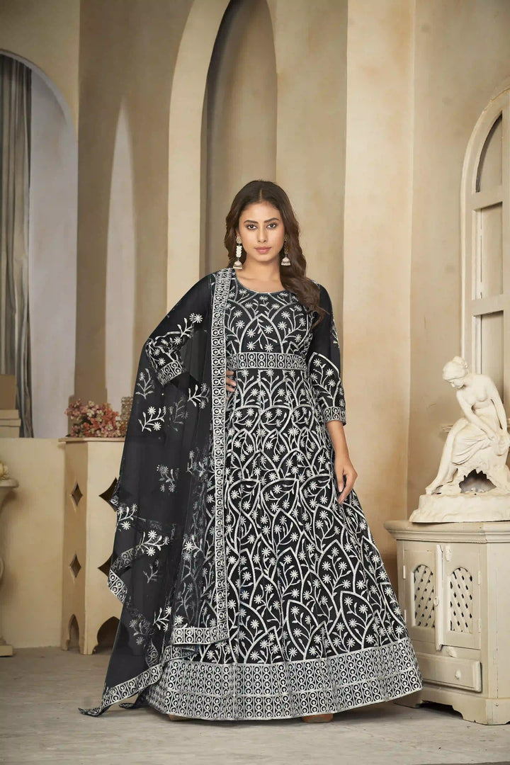 Elegant Net Anarkali Suit | Heavy Embroidery Paired with Santoon