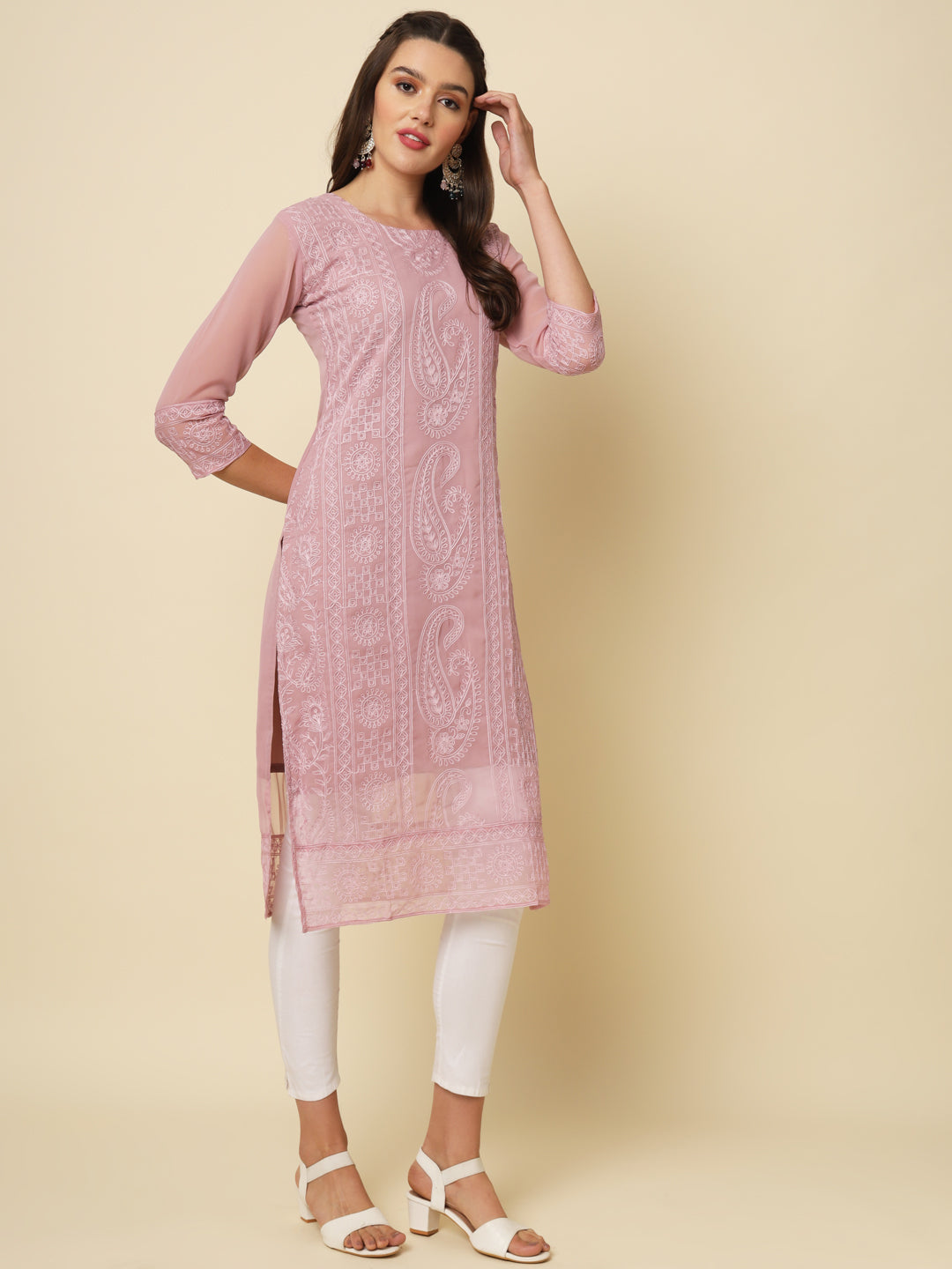 Designer Long Kurti with Chikankari Embroidery | Georgette & Crepe Inner