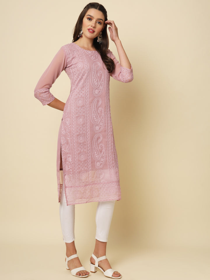 Designer Long Kurti with Chikankari Embroidery | Georgette & Crepe Inner