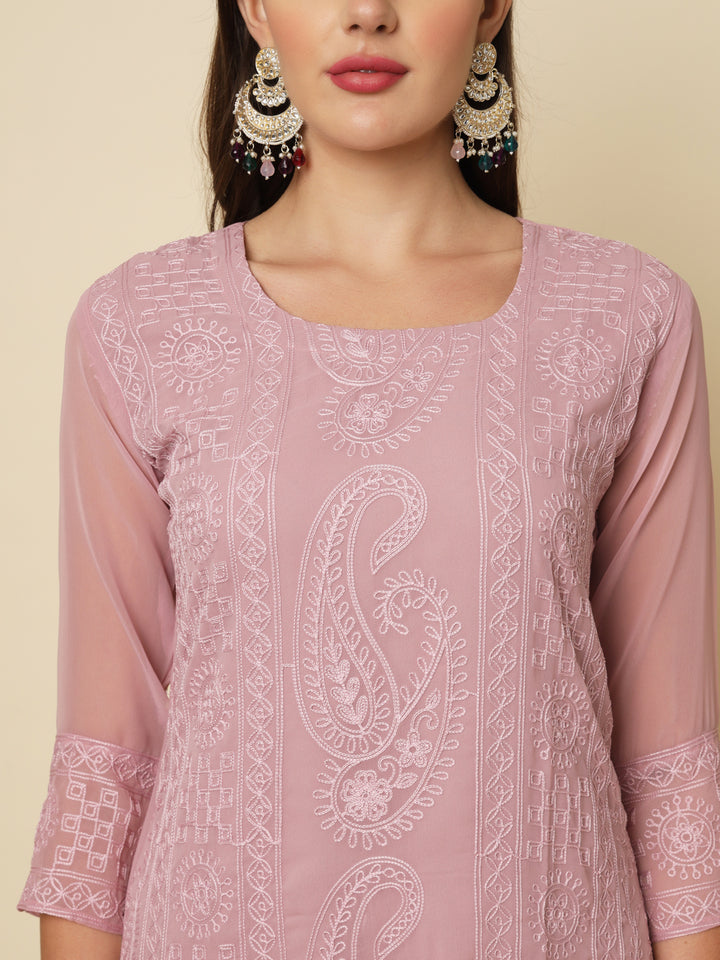 Designer Long Kurti with Chikankari Embroidery | Georgette & Crepe Inner