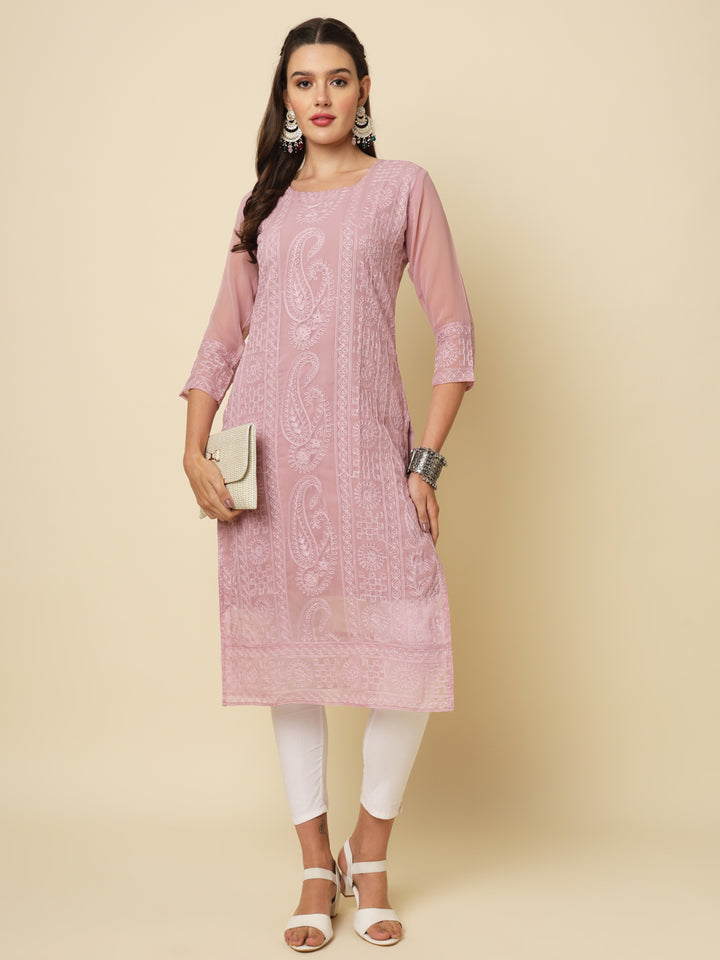 Designer Long Kurti with Chikankari Embroidery | Georgette & Crepe Inner