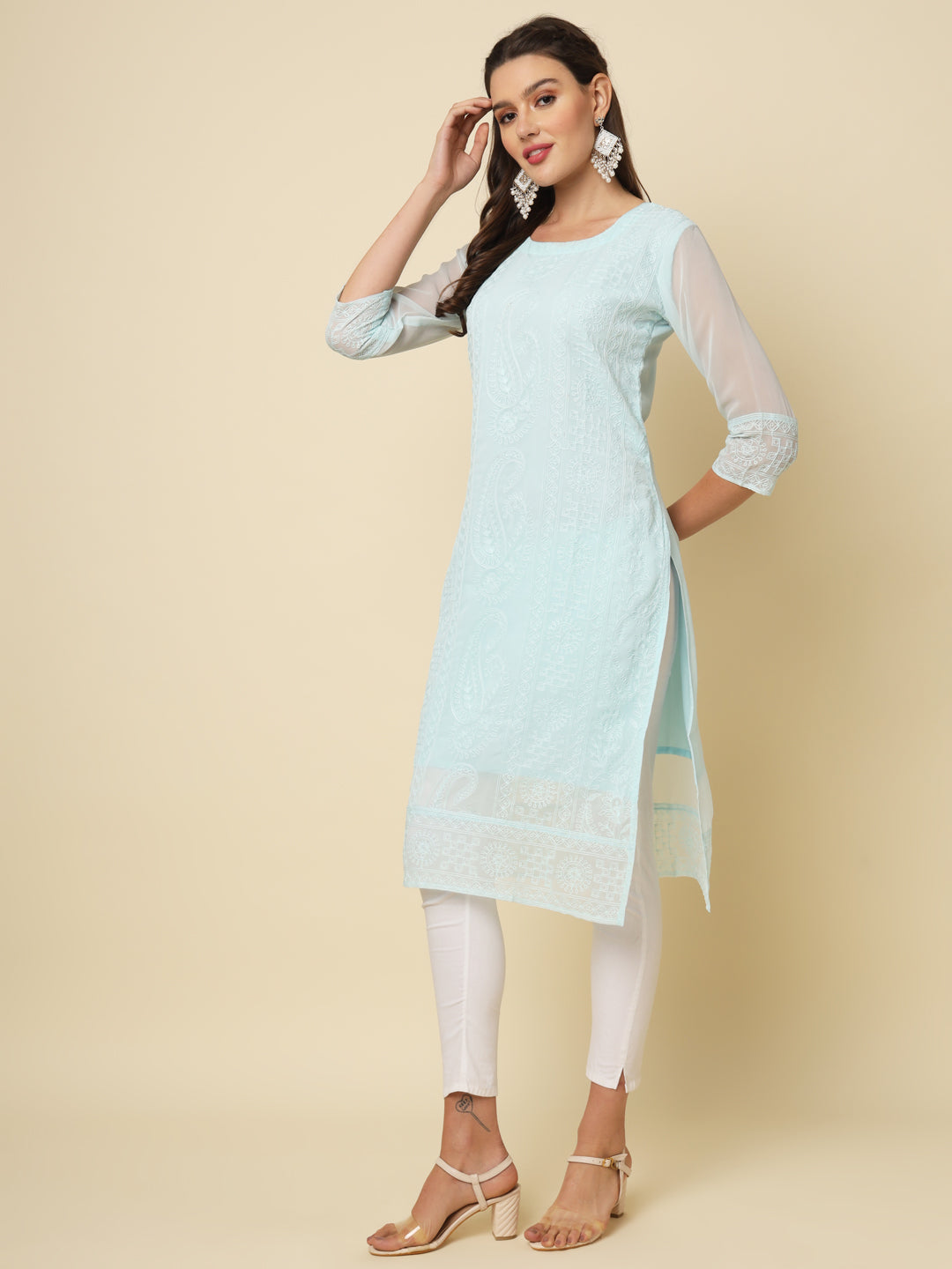 Designer Long Kurti with Chikankari Embroidery | Georgette & Crepe Inner