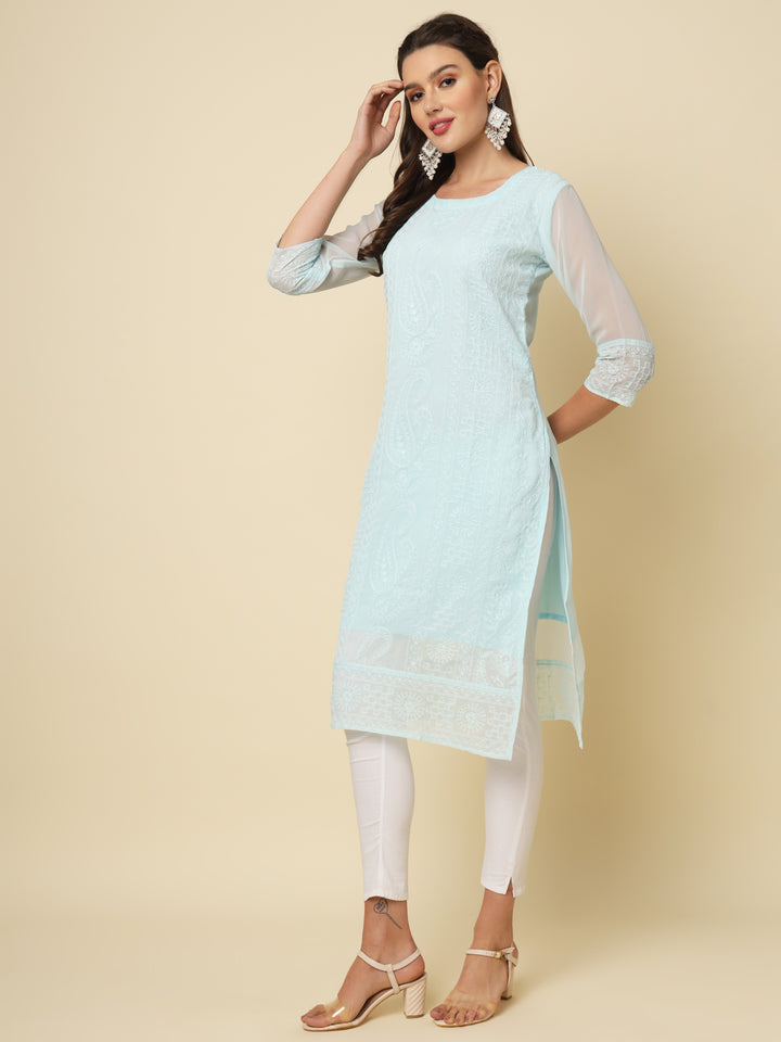 Designer Long Kurti with Chikankari Embroidery | Georgette & Crepe Inner