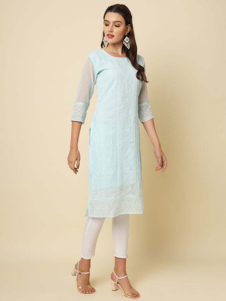 Designer Long Kurti with Chikankari Embroidery | Georgette & Crepe Inner