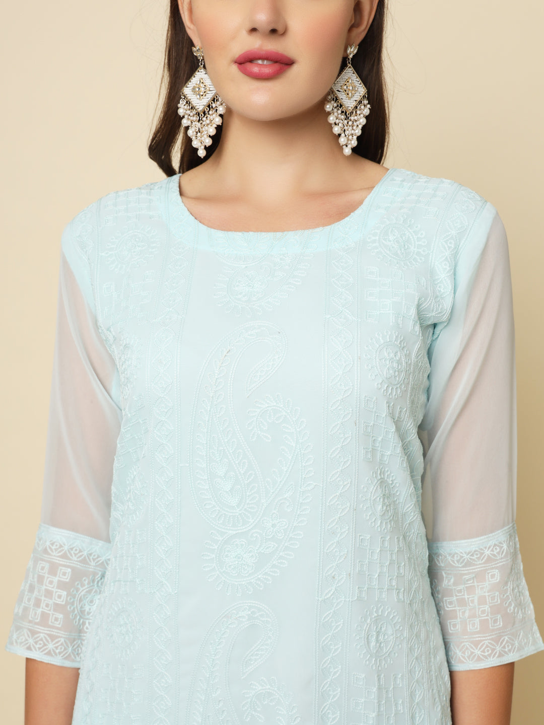 Designer Long Kurti with Chikankari Embroidery | Georgette & Crepe Inner