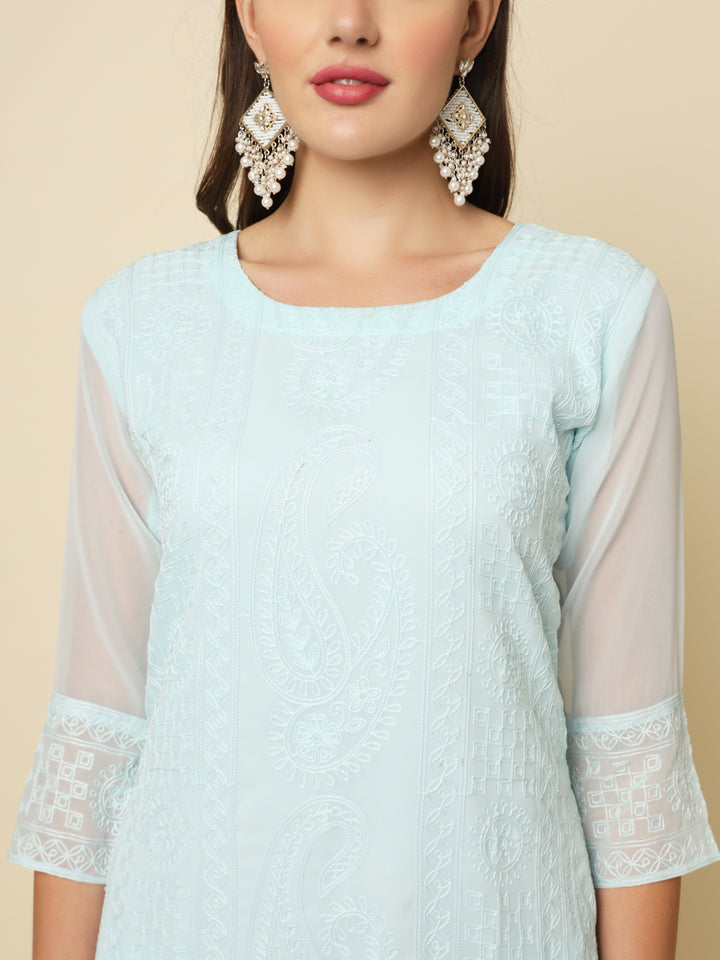 Designer Long Kurti with Chikankari Embroidery | Georgette & Crepe Inner