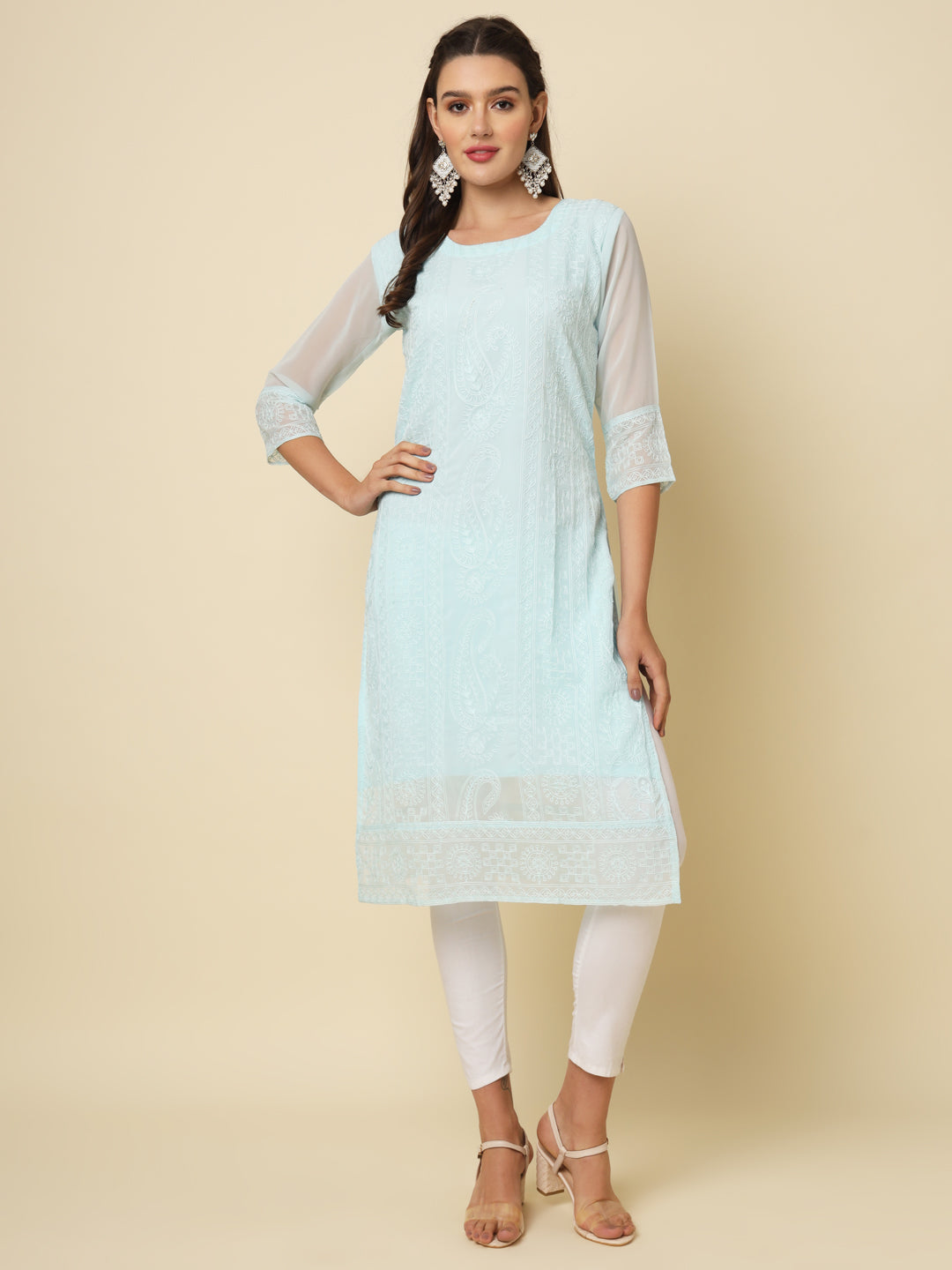 Designer Long Kurti with Chikankari Embroidery | Georgette & Crepe Inner