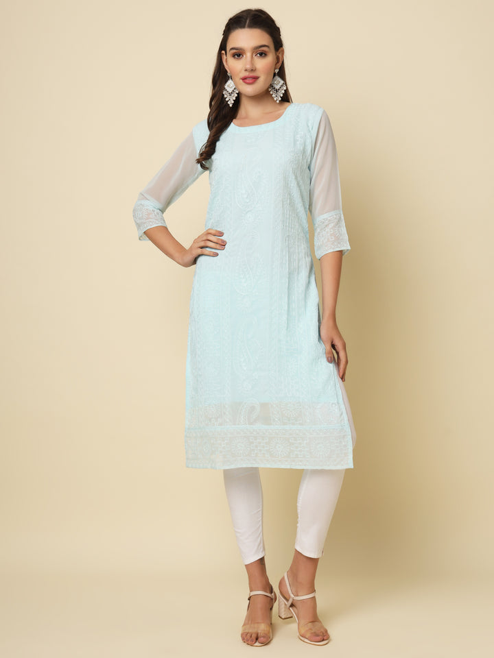 Designer Long Kurti with Chikankari Embroidery | Georgette & Crepe Inner