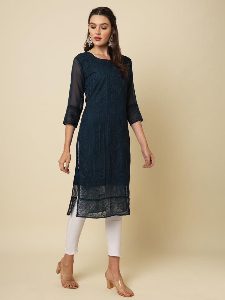 Designer Long Kurti with Chikankari Embroidery | Georgette & Crepe Inner