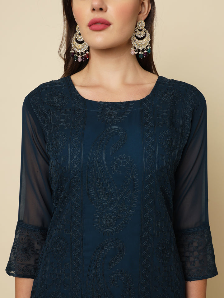 Designer Long Kurti with Chikankari Embroidery | Georgette & Crepe Inner