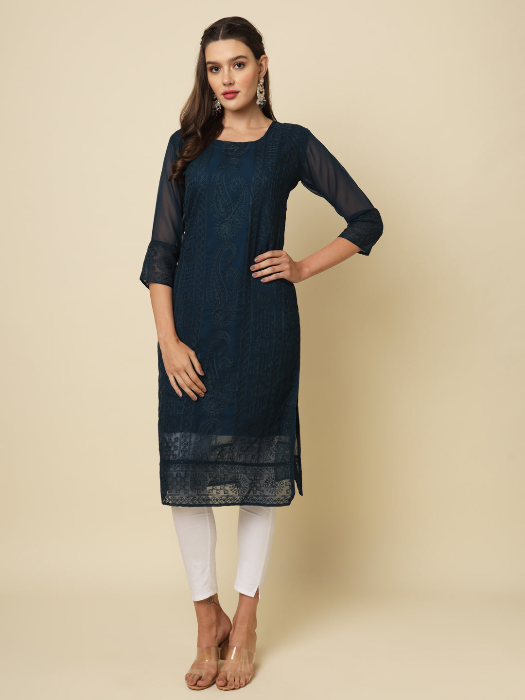 Designer Long Kurti with Chikankari Embroidery | Georgette & Crepe Inner