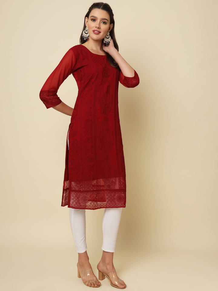 Designer Long Kurti with Chikankari Embroidery | Georgette & Crepe Inner