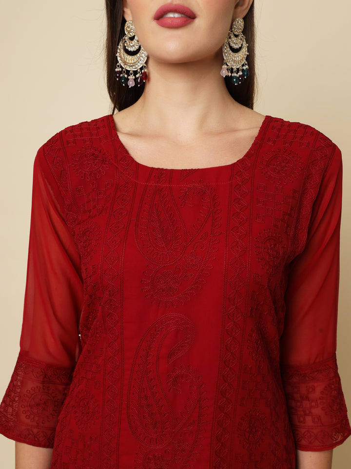 Designer Long Kurti with Chikankari Embroidery | Georgette & Crepe Inner