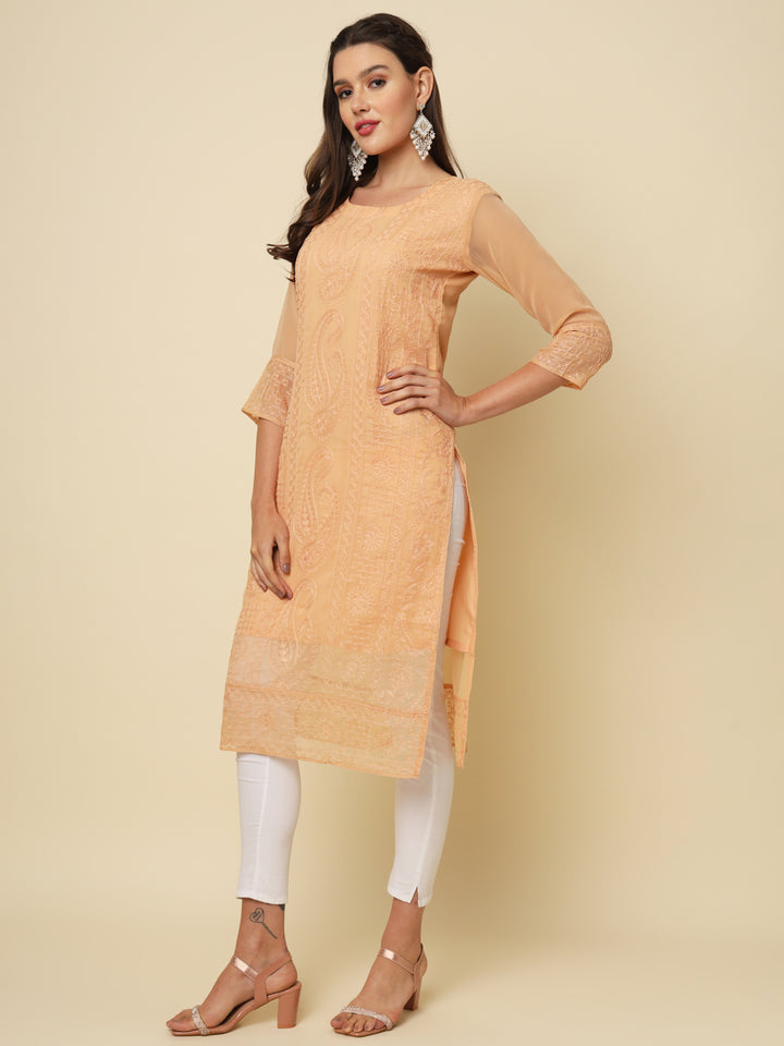 Designer Long Kurti with Chikankari Embroidery | Georgette & Crepe Inner