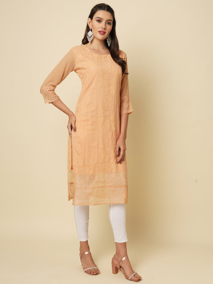 Designer Long Kurti with Chikankari Embroidery | Georgette & Crepe Inner