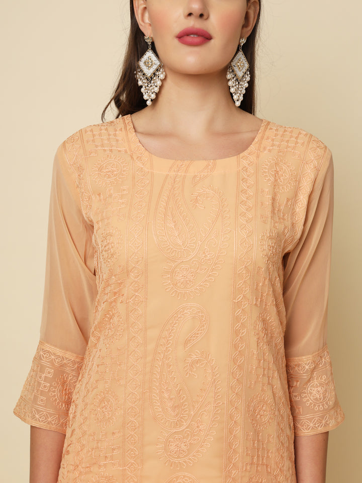 Designer Long Kurti with Chikankari Embroidery | Georgette & Crepe Inner