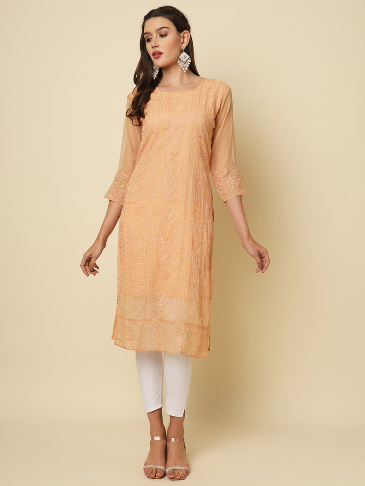 Designer Long Kurti with Chikankari Embroidery | Georgette & Crepe Inner