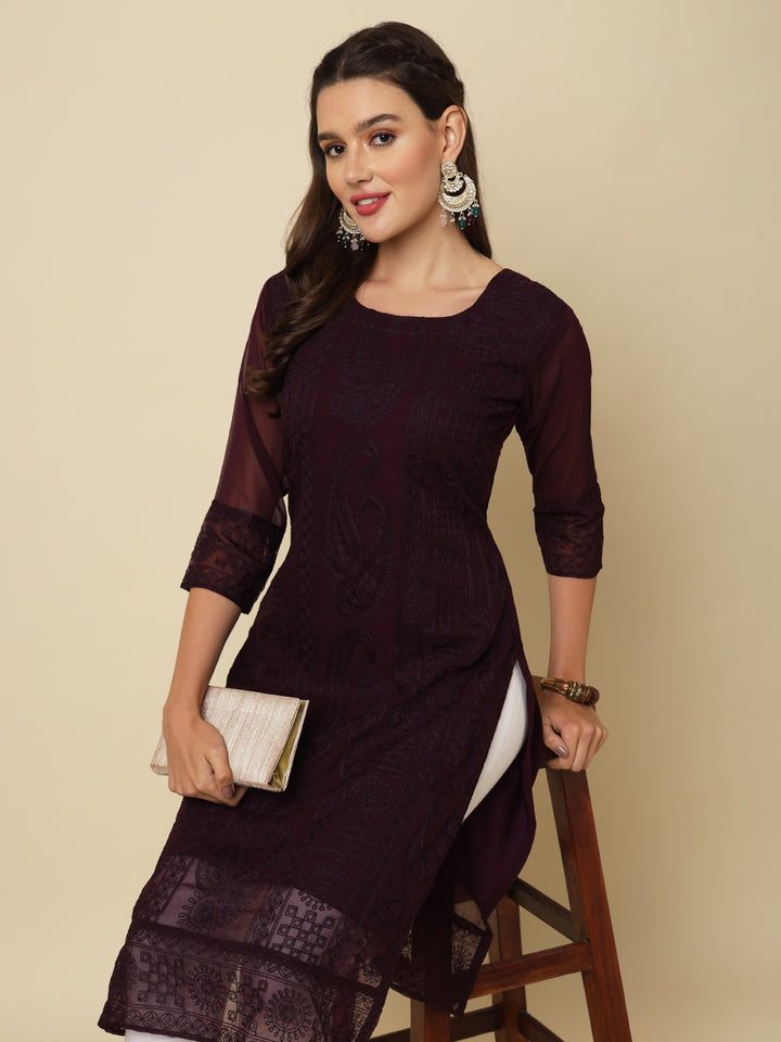 Designer Long Kurti with Chikankari Embroidery | Georgette & Crepe Inner