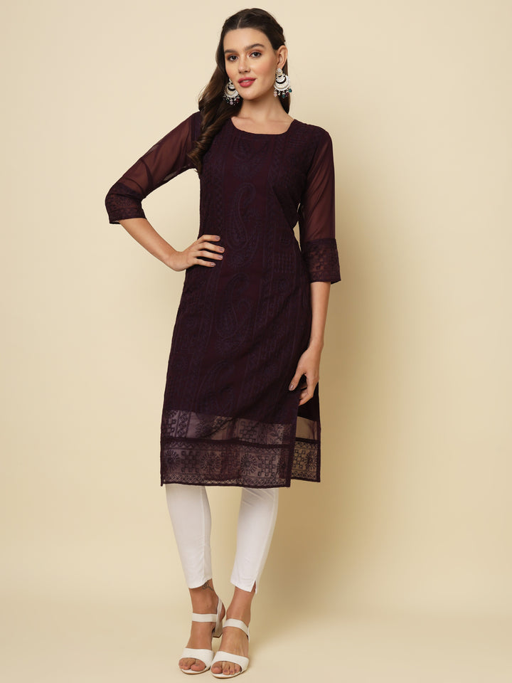 Designer Long Kurti with Chikankari Embroidery | Georgette & Crepe Inner