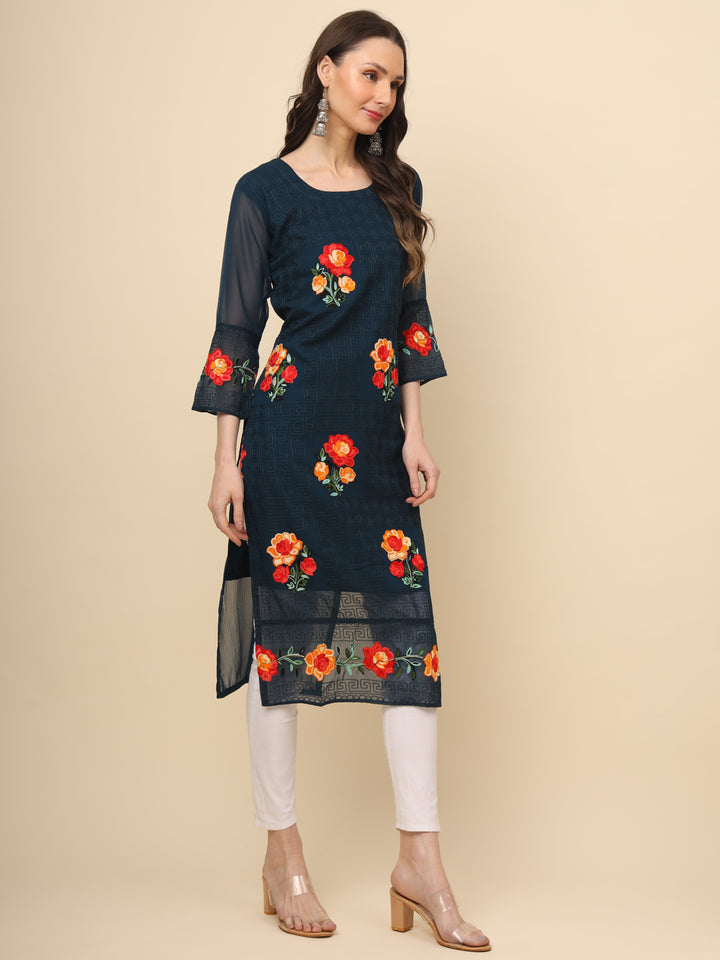 Multi-Thread Embroidered Georgette Long Kurti | Designer Women's Wear