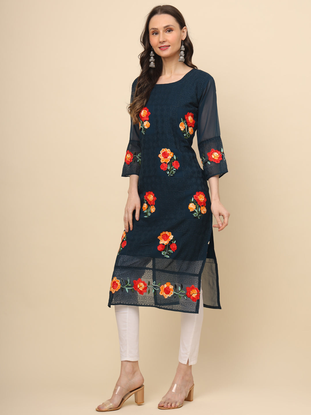 Multi-Thread Embroidered Georgette Long Kurti | Designer Women's Wear