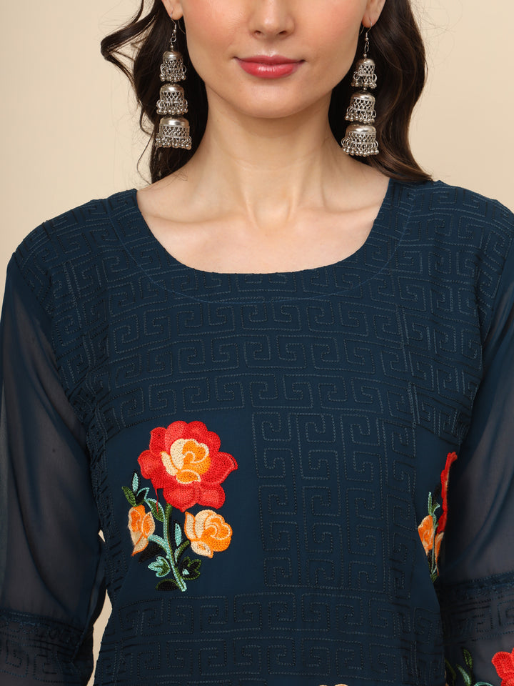 Multi-Thread Embroidered Georgette Long Kurti | Designer Women's Wear