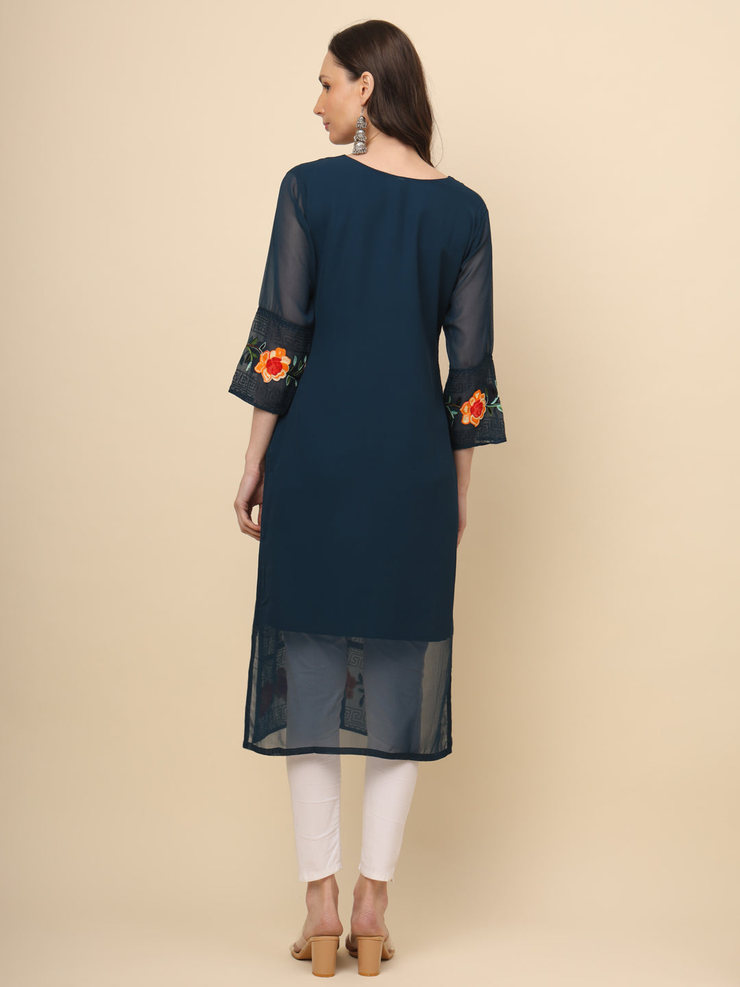 Multi-Thread Embroidered Georgette Long Kurti | Designer Women's Wear