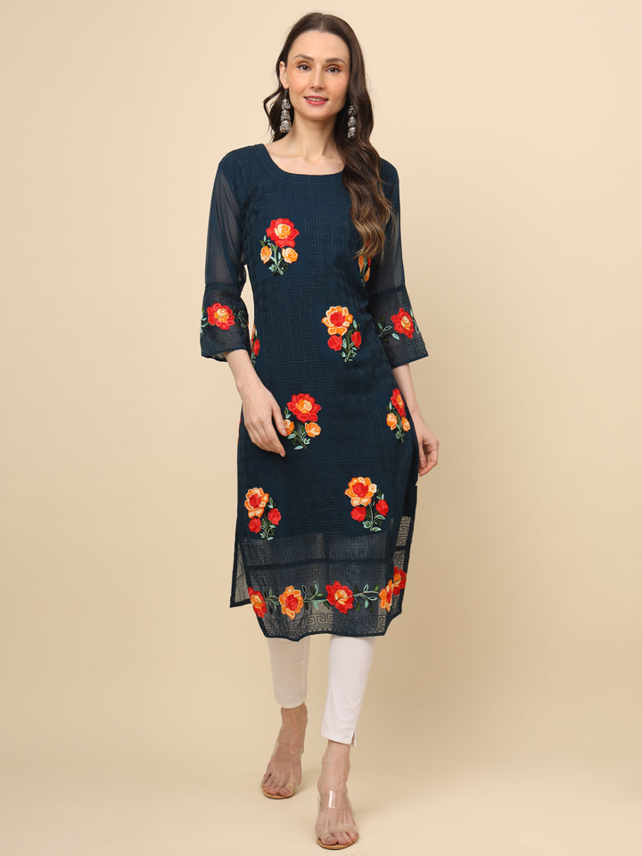 Multi-Thread Embroidered Georgette Long Kurti | Designer Women's Wear