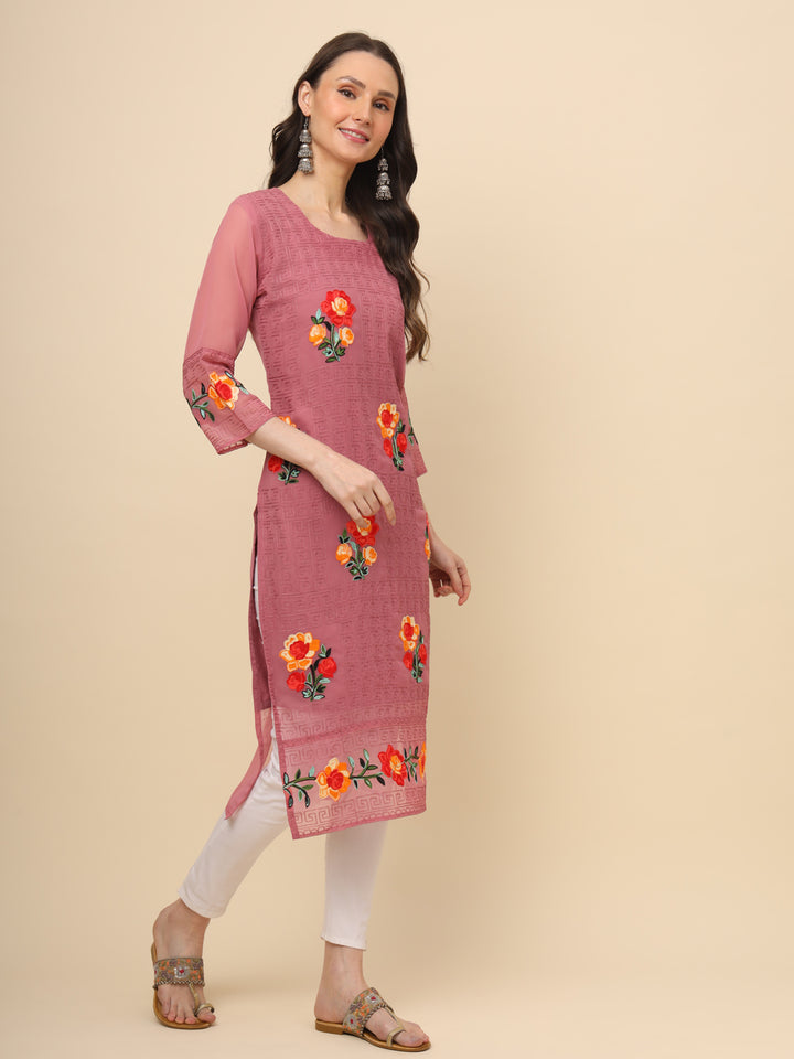 Multi-Thread Embroidered Georgette Long Kurti | Designer Women's Wear