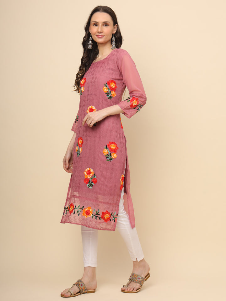 Multi-Thread Embroidered Georgette Long Kurti | Designer Women's Wear
