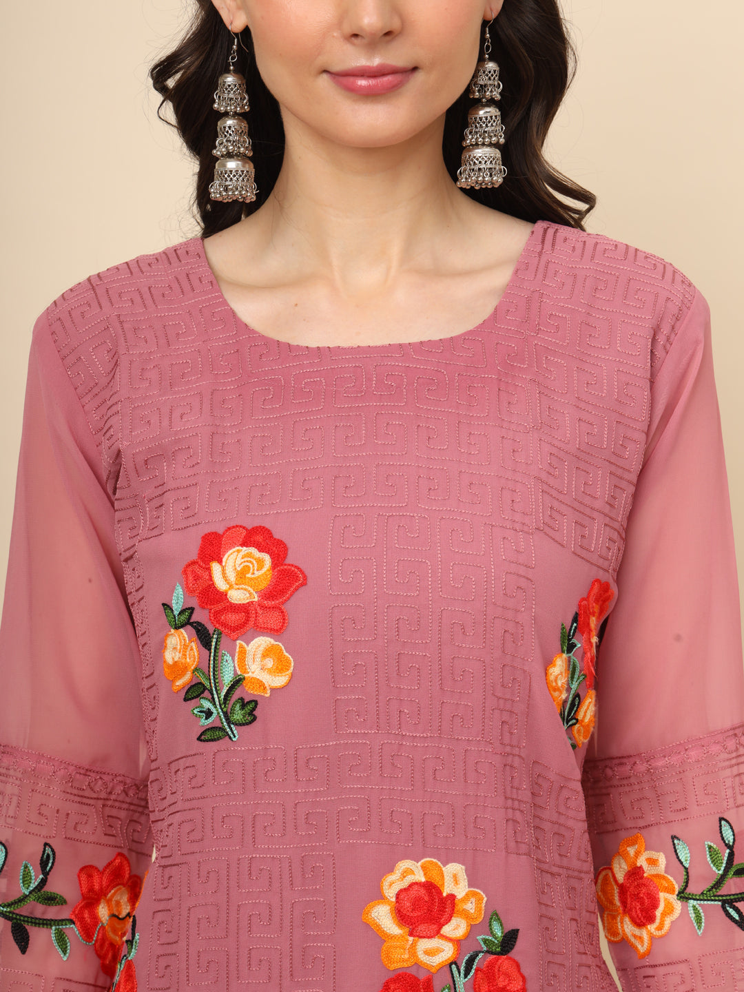 Multi-Thread Embroidered Georgette Long Kurti | Designer Women's Wear