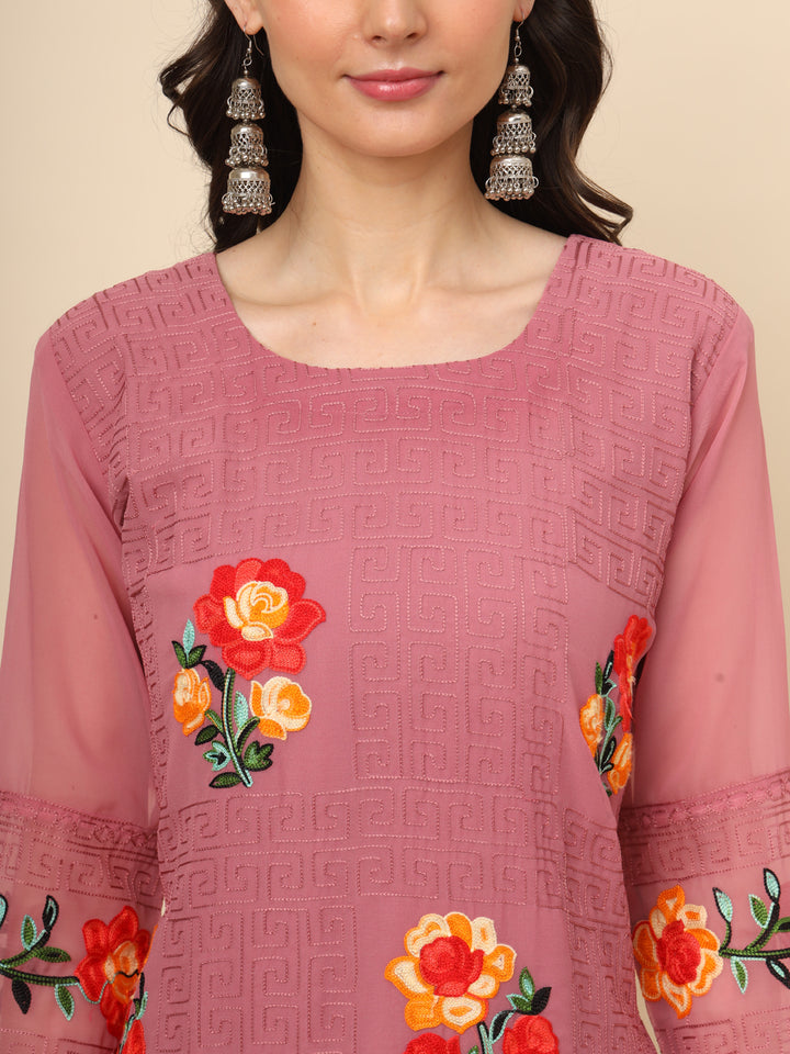 Multi-Thread Embroidered Georgette Long Kurti | Designer Women's Wear