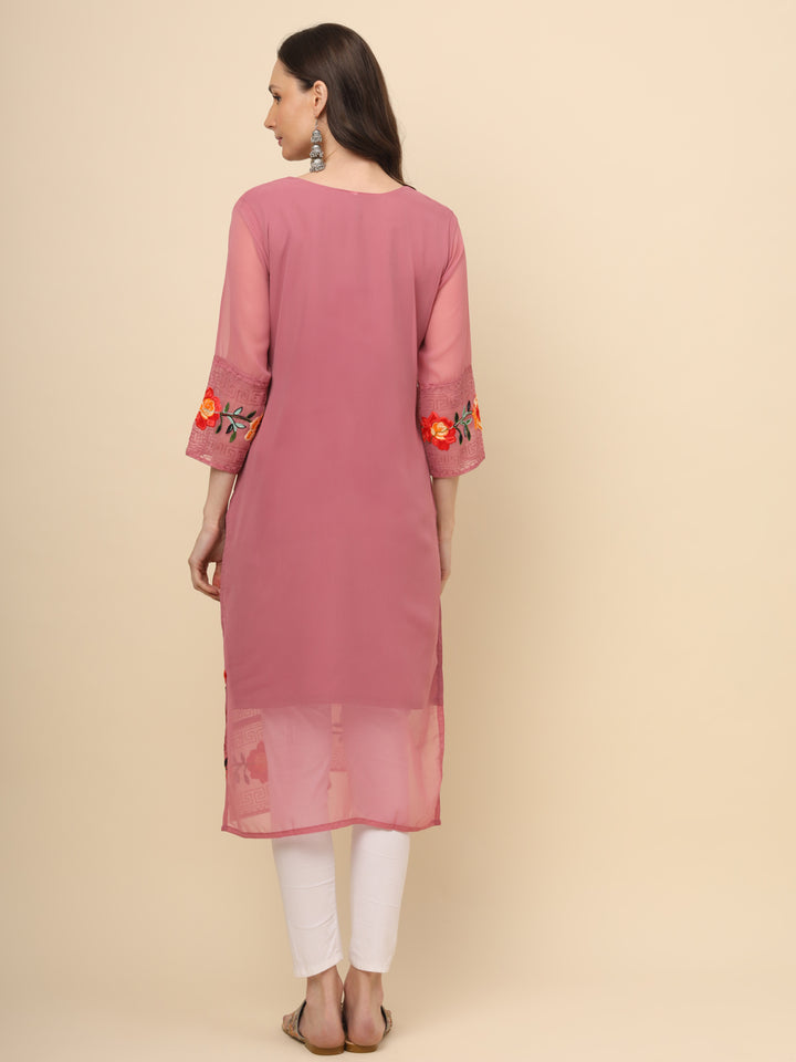 Multi-Thread Embroidered Georgette Long Kurti | Designer Women's Wear