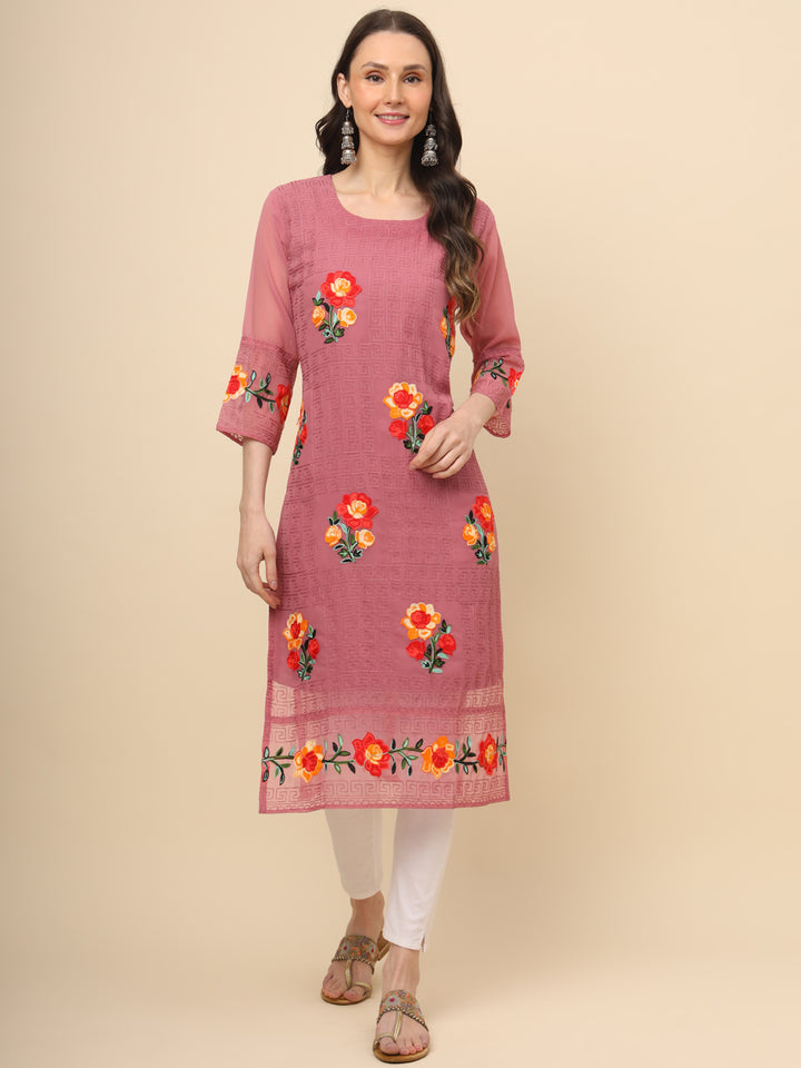 Multi-Thread Embroidered Georgette Long Kurti | Designer Women's Wear