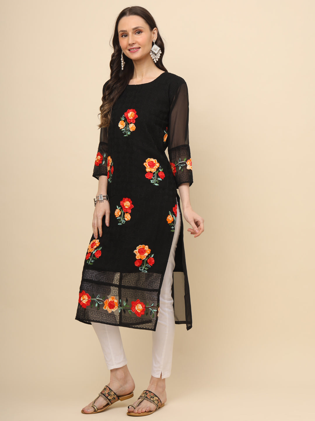 Multi-Thread Embroidered Georgette Long Kurti | Designer Women's Wear