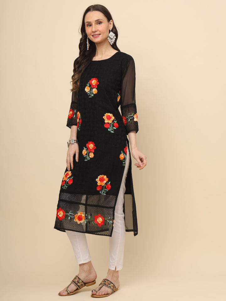 Multi-Thread Embroidered Georgette Long Kurti | Designer Women's Wear