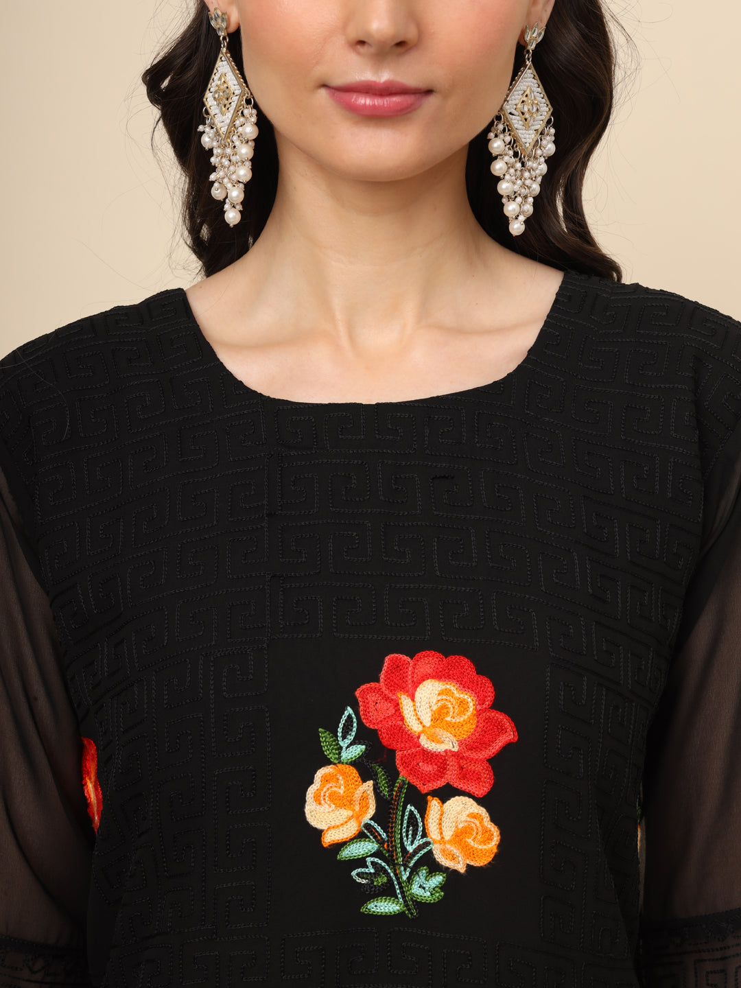 Multi-Thread Embroidered Georgette Long Kurti | Designer Women's Wear