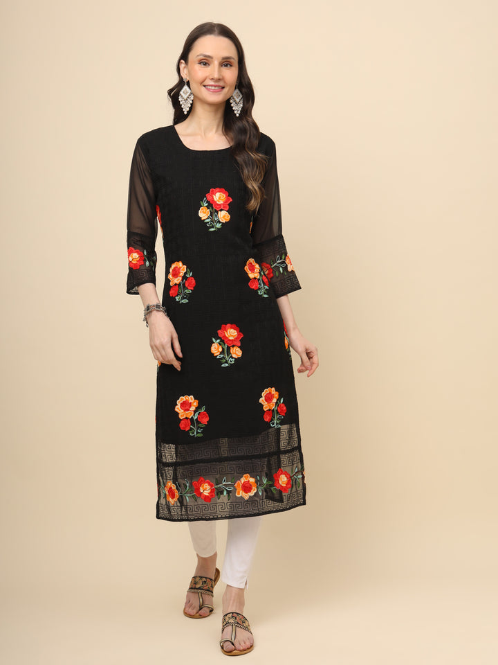 Multi-Thread Embroidered Georgette Long Kurti | Designer Women's Wear