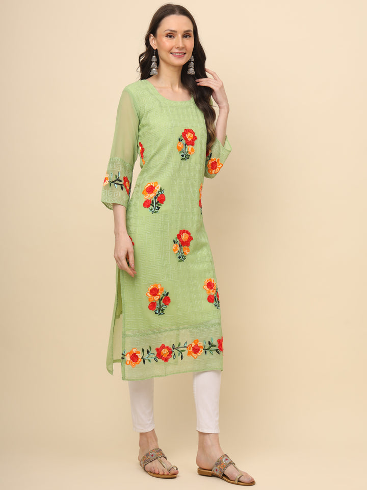 Multi-Thread Embroidered Georgette Long Kurti | Designer Women's Wear