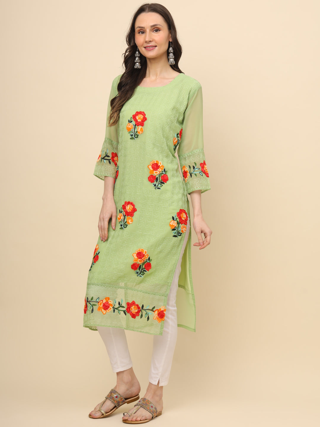 Multi-Thread Embroidered Georgette Long Kurti | Designer Women's Wear