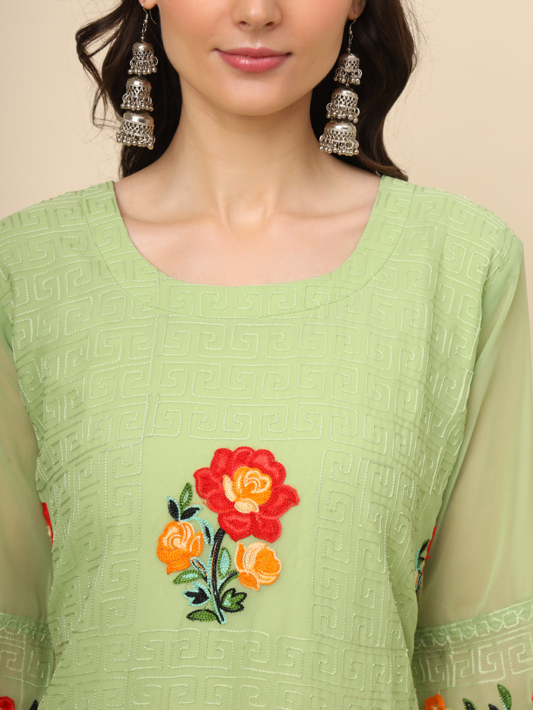 Multi-Thread Embroidered Georgette Long Kurti | Designer Women's Wear