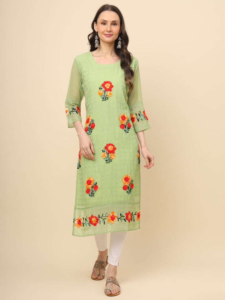 Multi-Thread Embroidered Georgette Long Kurti | Designer Women's Wear